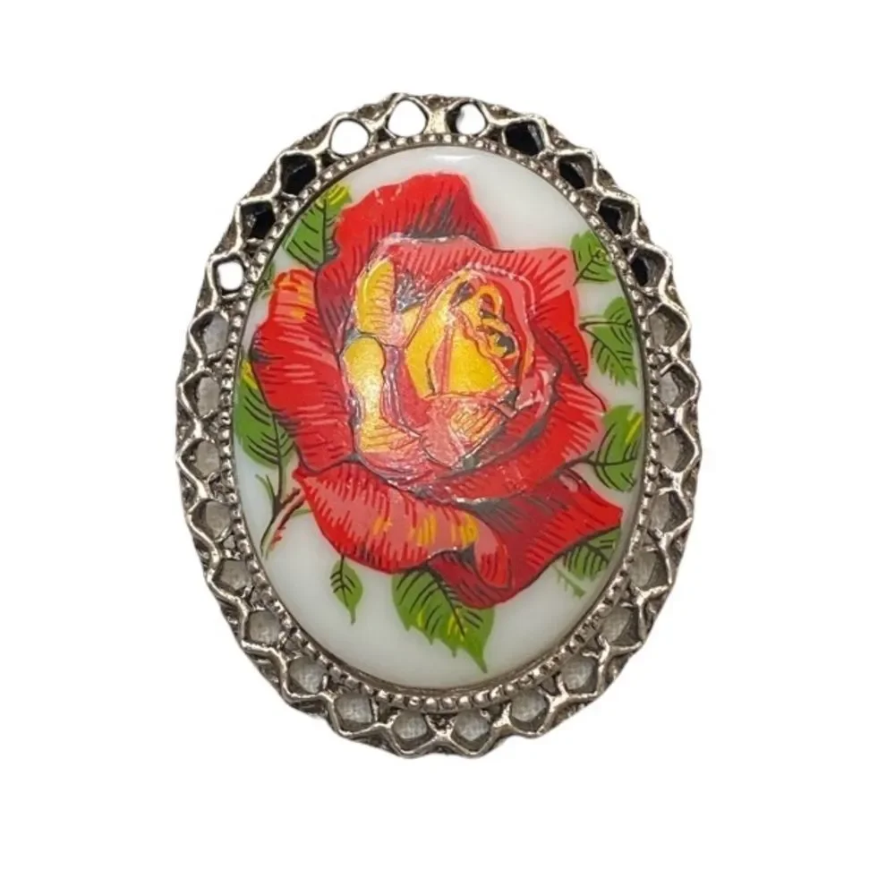 Vintage Silver Brooch With Porcelain Flower Cameo